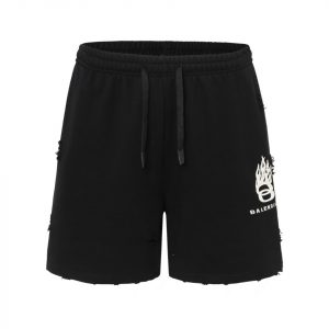 Flame Embroidered Distressed Shorts - L, Black