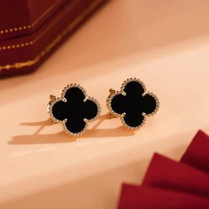 [Lucas Jewelry]CLOVER MEDIUM 1 MOTIFS  ONYX STUD EARRINGS - Rose Gold, 925 Sterling Silver - 18k Gold Plated