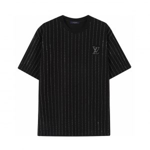 Striped crystal beads short-sleeved T-shirt