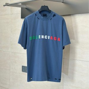Lettering foam print distressed T-shirt - M, Blue