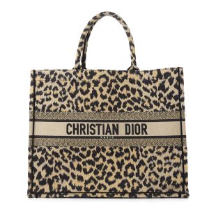 Christian Dior Canvas Mizza Large Leopard Book Tote Beige