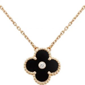 [Lucas Jewelry]CLOVER 15MM DIAMOND ONYX NECKLACE - 925 Sterling Silver - 18k Gold Plated, Gold