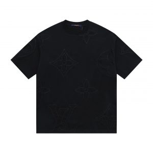 Chain Embroidery Round Neck Short Sleeve T-Shirt - M, Black