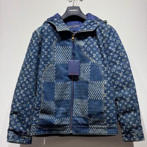 Checkerboard Denim Hooded Down Jacket - XXL