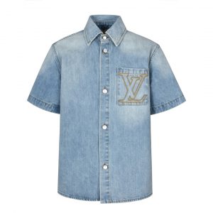 Embroidered Pocket Short Sleeve Denim Shirt - L