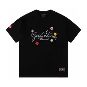 Embroidered floral slogan T-shirt - M, Black