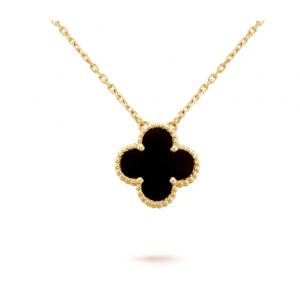 [Lucas Jewelry]CLOVER 15MM BLACK ONYX SINGLE FLOWER NECKLACE - Silver alloy - 14k gold plated, Gold