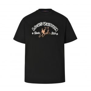 Brown wool embroidered dog short-sleeved T-shirt - L
