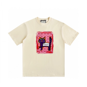 Cat Print T-Shirt - M, Apricot