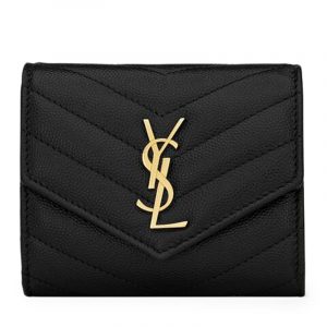 Ysl Multi-Folded Wallet In Grain De Poudre Embossed Leather Black 414404Bow021000
