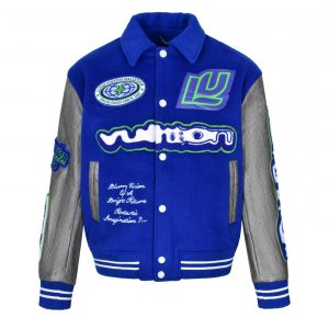 Royal Blue Embroidered Leather Sleeve Baseball Jacket - L