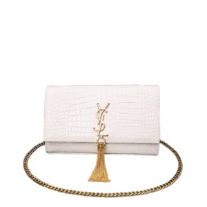 Saint Laurent Kate Medium Chain Bag With Tassel In Crocodile-Embossed Shiny White 354119Dnd0J9207