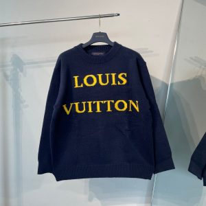 New Yellow And Blue Color Contrast Letters Logo Jacquard Crewneck Sweater - Dark_Blue, S