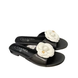 Chanel White Camellia Slides Black - 37 Eu 6 Us 24 Cm 9 4 In