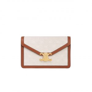 Celine Wallet On Chain Margo In Textile Triomphe And Calfskin Natural Tan 20Cm 10L462Fe2 02Nt