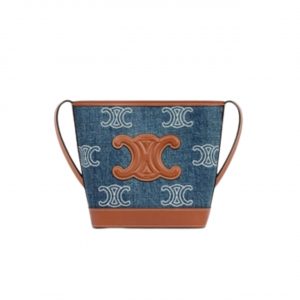 Celine Mini Bucket Cuir Triomphe In Denim With Triomphe All Over Embroidery And Calfskin Navy Tan 16Cm 10L432Fdx 07At