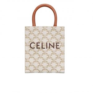 Celine Mini Vertical Cabas In Triomphe Canvas And Calfskin With Celine Print White 21Cm