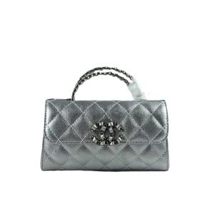 Chanel 23P Clutch With Chain Bag With Top Handle Silver 19Cm