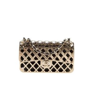 Chanel Metallic Diamond Lined Black Leather Chain Flap Bag Gold 18Cm As2514 B05552 Nc533