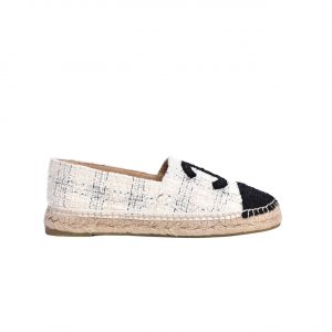 Chanel Tweed Cc Espadrilles Slip On Lambskin White Blue Black