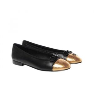 Chanel Leather Cap Toe Ballet Flats Black Gold - 39 Eu 8 Us 25 Cm 9 8 In 2