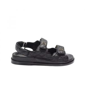 Chanel Cc Button Velcro Black Sandals Grained Calfskin Leather - 35 Eu 4 Us 23 Cm 9 In