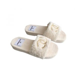 Chanel Logo Embroidered Shearling Cream Slides - 35 Eu 4 Us 23 Cm 9 In