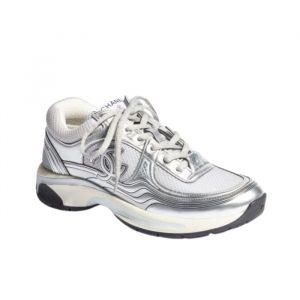 Chanel 23C Silver Metallic Cc Logo Lace Up Flat Runner Trainer Sneaker White G39792 Y56368 K5451 - 37 Eu 6 Us 24 Cm 9 4 In