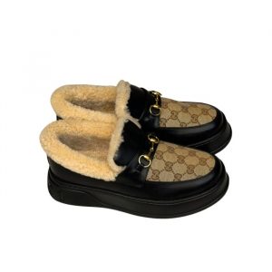 Gucci Fleece Collar Loafers Gg Beige And Black Leather - 40 Eu 9 Us 25 5 Cm 10 In