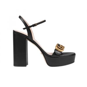Gucci Gg Leather Heeled Sandal Black - 35 Eu 4 Us 23 Cm 9 In