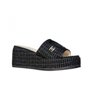 Chanel Tweed Cc Platform Slide Sandals Black - 40 Eu 9 Us 25 5 Cm 10 In