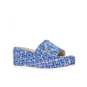 Chanel Tweed Cc Platform Slide Sandals Blue - 36 Eu 5 Us 23 5 Cm 9 2 In
