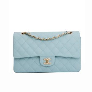 Medium Classic Double Flap Bag Blue Quilted Caviar Light Gold Hardware