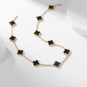 [Lucas Jewelry]CLOVER 10 MOTIFS ONYX NECKLACE - Silver alloy - 14k gold plated, Gold