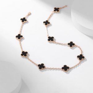 [Lucas Jewelry]CLOVER 10 MOTIFS ONYX NECKLACE - Silver alloy - 14k gold plated, Rose Gold