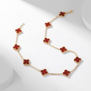 [Lucas Jewelry]CLOVER 10 MOTIFS CARNELIAN NECKLACE - Silver alloy - 14k gold plated, Gold