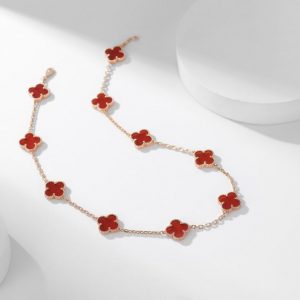 [Lucas Jewelry]CLOVER 10 MOTIFS CARNELIAN NECKLACE - 925 Sterling Silver - 18k Gold Plated, Rose Gold