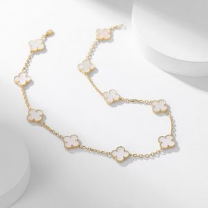 [Lucas Jewelry]CLOVER 10 MOTIFS WHITE MOTHER OF PEARL NECKLACE - 925 Sterling Silver - 18k Gold Plated, Gold