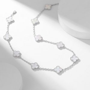 [Lucas Jewelry]CLOVER 10 MOTIFS WHITE MOTHER OF PEARL NECKLACE - Silver alloy - 14k gold plated, Silver