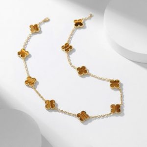 [Lucas Jewelry]CLOVER 10 MOTIFS TIGER EYE NECKLACE - 925 Sterling Silver - 18k Gold Plated, Gold