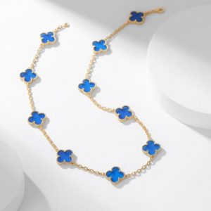 [Lucas Jewelry]CLOVER 10 MOTIFS BLUE AGATE NECKLACE - Silver alloy - 14k gold plated, Gold