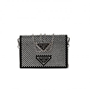 PRADA Satin Crystal Metal Triangle Logo Card Holder With Strap Cristal
