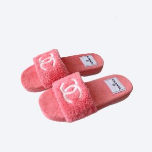 Chanel Logo Embroidered Shearling Pink Slides - 36 Eu 5 Us 23 5 Cm 9 2 In