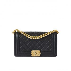 Chanel Medium Boy Quilted Lambskin Gold Chain Black 25Cm