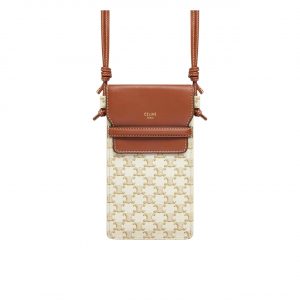 Celine Women Phone Pouch With Flap In Triomphe Canvas And Lambskin Beige