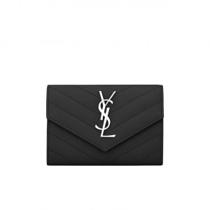 Ysl Multi-Folded Wallet In Grain De Poudre Embossed Leather Black 414404Bow021000