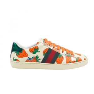 Gucci Ace Leather Sneaker With Strawberry Print 387993 08L30 9262 - 38 Eu 7 Us 24 5 Cm 9 46 In