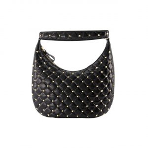 Valentino Rockstud Spike Leather Hobo Bag Black 28Cm 3W2B0M32Was