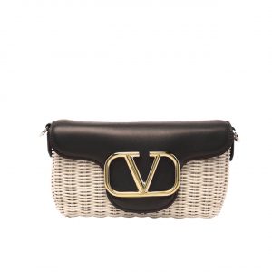 Valentino Loco Vlogo Flap Straw Shoulder Bag Black18Cm