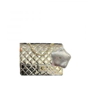 Chanel Flap Backpack And Star Coin Purse Metallic Lambskin Silver 23Cm